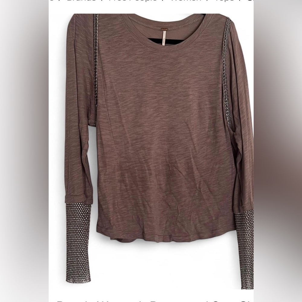 Free People Large Gray Burn Out  Long Sleeve Top with Mesh Rhinestone Accents